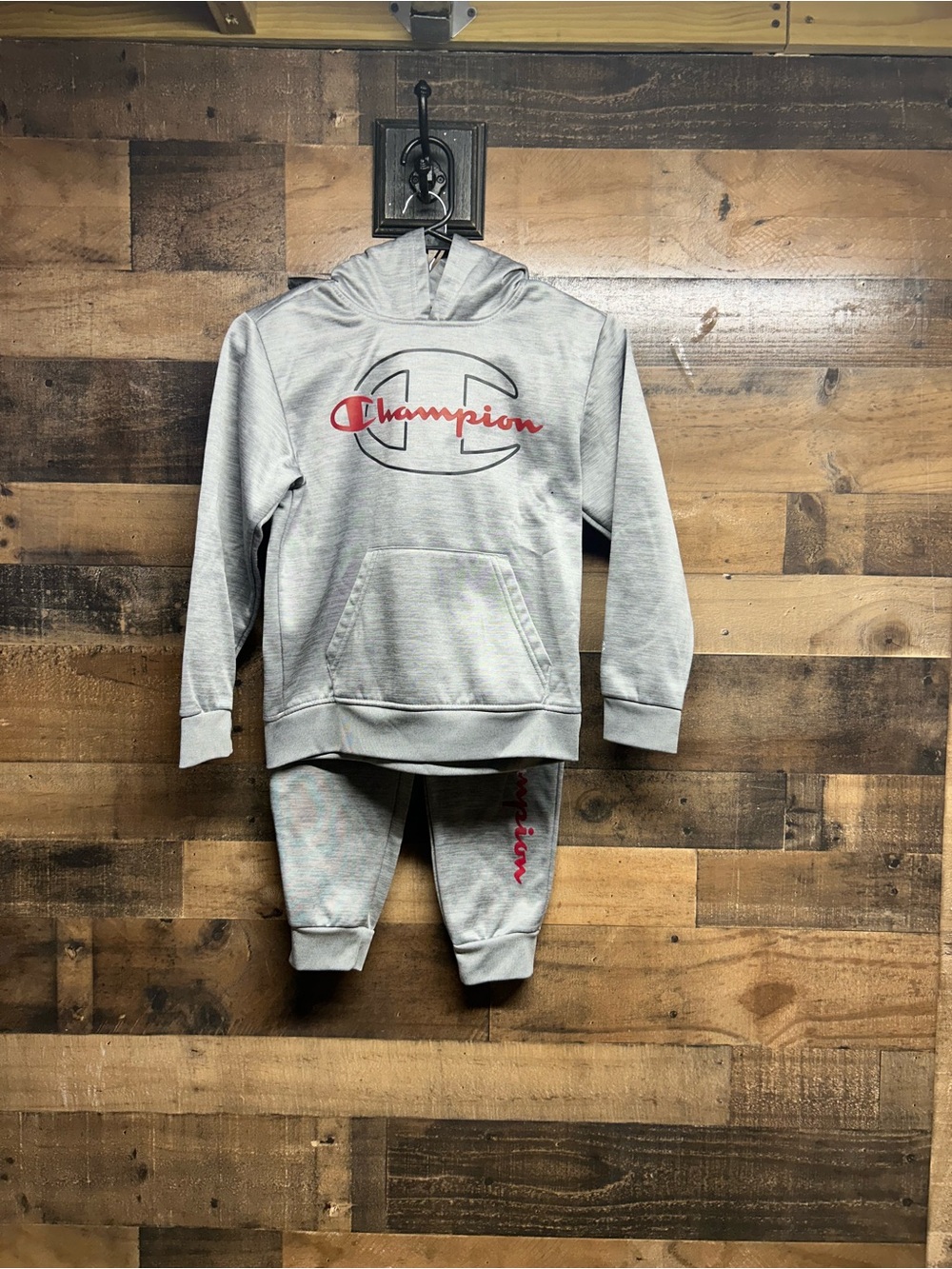 Champion Gray Hoodie and Joggers with Red Logo